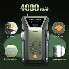 EMERGENCY WEATHER RADIO HAND CRANK SOLAR FM/AM/NOAA 1.5W WIND UP FLASHLIGHT 4000MAH PORTABLE CELL PHONE CHARGER WITH SOS ALAR